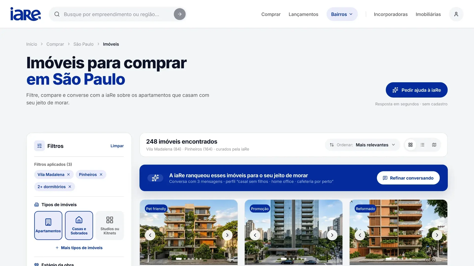 Portal iaRe — empreendimentos em destaque na busca conversacional.